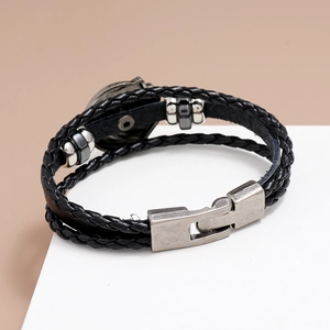 Dual-layer black braided leather bracelet with silver poker card metal charms and clasp