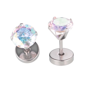 Detailed view of AB cubic zirconia stud earrings with a secure six-prong silver setting