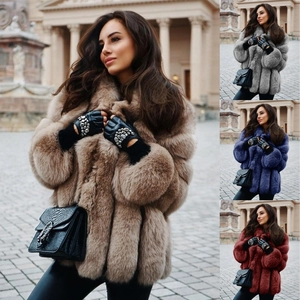 Detailed view of faux fur coat colors including brown, grey, navy and wine red options
