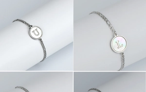 Détail macro du bracelet en acier inoxydable avec incrustation nacre et pendentif