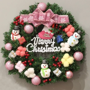 Detail view of 60cm Christmas wreath with pink sequins balls, red berries and snowmen