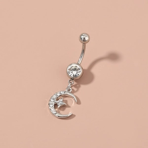 Piercing de ombligo plateado con colgante de luna y estrella con circonitas brillantes