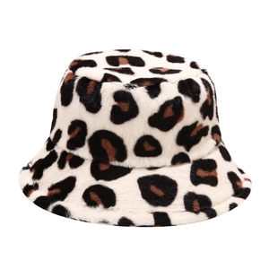 Stylish leopard print faux fur bucket hat with warm plush texture and classic pattern