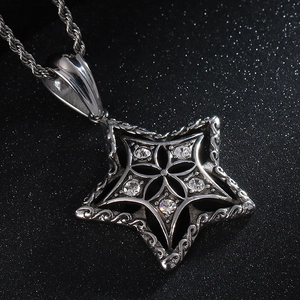 Retro stainless steel pentagram pendant necklace with sparkling inset crystals for men