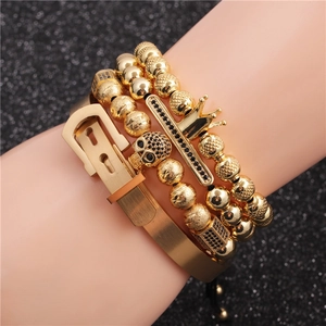 Men's crown and skull gold beaded bracelet set with multi-layer leather buckle bangle
