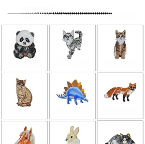 Detailed grid view of diverse animal embroidery patches with precise size dimensions