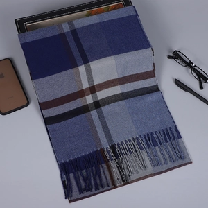 Détail de l'écharpe à carreaux bleus avec de longues franges sur fond professionnel épuré