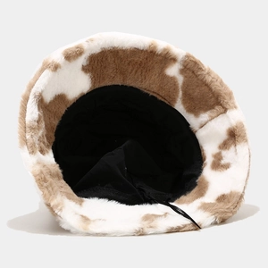 Plush cow print bucket hat with adjustable inner drawstring for women in autumn and winter