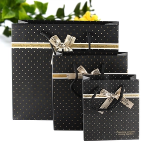 Black Gift Paper Bags With Gold Polka Dots Bow Ribbon Handle For Wedding Birthday Celebrations Elegant Handbag