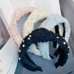 Chic feather yarn knotted headbands with pearls in pink beige blue and black colors