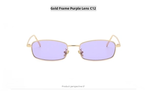 Detalle de gafas de sol cuadradas doradas C12 con lentes violeta claro