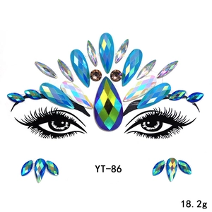 Face gem sticker detail, blue acrylic rhinestones, perfect for festival and party makeup.
