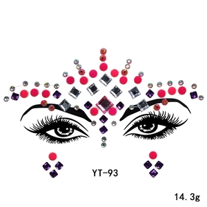 Sparkling acrylic face rhinestone sticker detail with festive party eye makeup design layout.