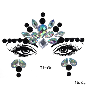 Face crystal gem sticker detail, iridescent acrylic face jewels for festival party makeup.
