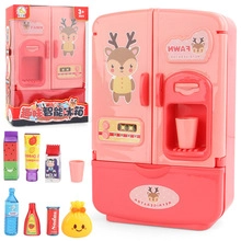 Detailed components of a pink toy refrigerator set with mini food accessories and box