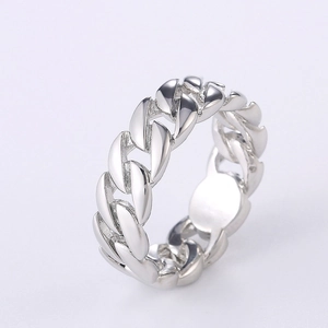 Silver Cuban link chain ring for men, trendy punk style jewelry in polished metal
