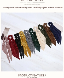 Detailed view of 10-color corduroy bow hair scrunchies with long elegant ribbons
