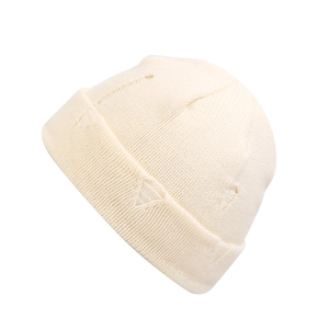 Distressed cream white knit docker hat featuring retro ripped details for street style