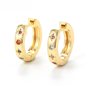 Detail of gold-plated huggie earrings with multi-colored round zircon gemstones