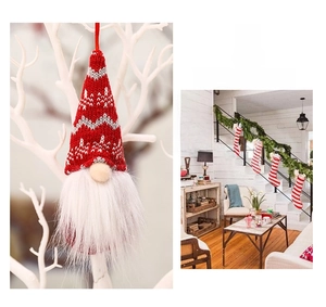 Detail of 4pcs Christmas gnome ornaments featuring knitted snowflake hats and long white beards