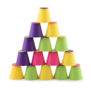Educational stacking cups for kids 15-piece set in vibrant colors with pyramid arrangement