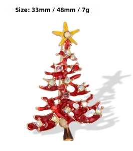 Detail view of red enamel Christmas tree brooch with rhinestones, size 33mm x 48mm