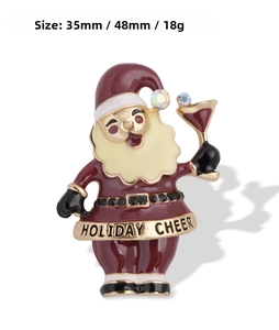 Close-up of Santa Claus brooch with red enamel, crystal accents and Holiday Cheer banner