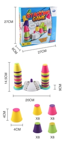Detailed dimensions of the stacking game showing the automatic base and 32 colorful cups