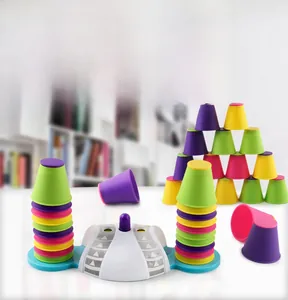 Close-up of colorful stacking cups with a professional electronic timer for speed training