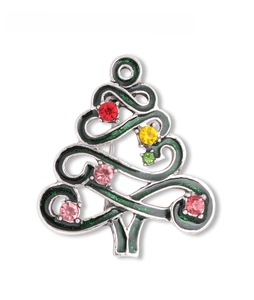 Detail view of green enamel Christmas tree brooch with colorful rhinestones and dimensions