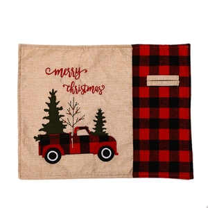Christmas place mat with red black plaid car and Merry Christmas embroidery on linen fabric