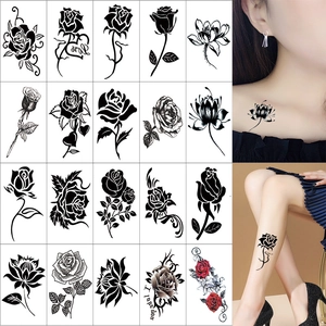 Set of 20 floral temporary tattoos featuring black and color roses on collarbone and leg