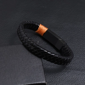 Vintage black braided leather bracelet for men with brown cord detail and magnetic buckle