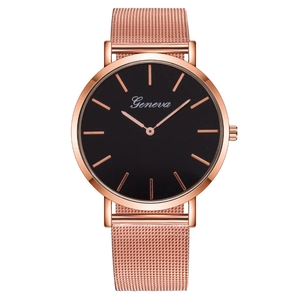 Minimalist black dial men's watch with rose gold mesh band and sleek Geneva design