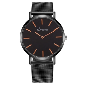 Minimalist black Milanese mesh strap men's watch with rose gold indices and Geneva dial