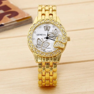 Detail of Geneva quartz watch with crystal butterfly dial and gold-tone steel band