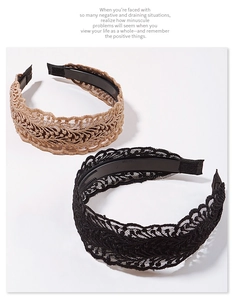 Detailed view of wide hollow lace headbands with anti-slip teeth in beige and black colors