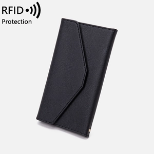 RFID blocking travel passport holder in black Saffiano leather with envelope flap cover