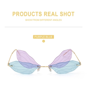 Detailed view of dragonfly wing shaped sunglasses with purple blue gradient lenses