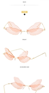 Three-angle view showing front and back of pink wing-shaped rimless dragonfly sunglasses