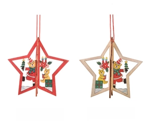 Detail of 3D wooden star ornaments with festive bear motifs and red hanging loops