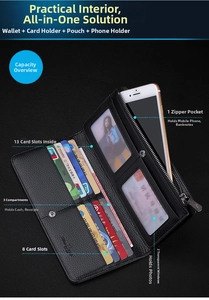 Internal structure of black leather wallet with 13 card slots and zipper pocket