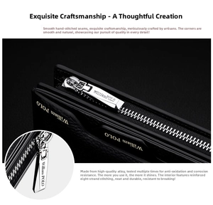 Detail of premium black leather stitching and silver alloy zipper on business wallet