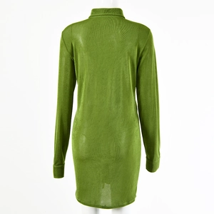 Detail view of the green long sleeve mini dress back with lapel collar and slit hemline