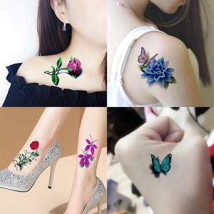Waterproof temporary tattoos with colorful rose, lotus and butterfly patterns for women