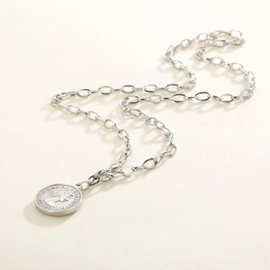 Silver stainless steel coin pendant necklace with Queen Elizabeth II portrait relief