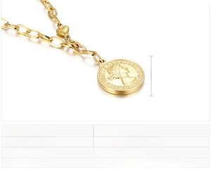 Detailed macro of gold stainless steel coin pendant with queen portrait and chain specs