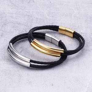 Men's double-layered braided leather bracelet with gold and silver magnetic metal clasps