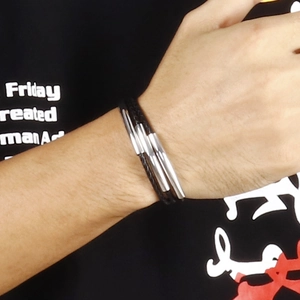 Men's punk multilayer braided leather bracelet with silver curved metal tube charms