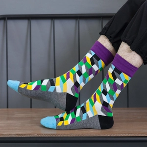 Chaussettes mi-hautes homme à motifs géométriques colorés en coton de qualité